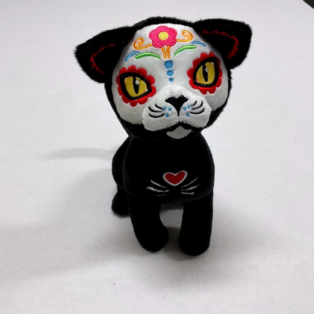 Day of the Dead Sugar Skull Black Cat Plush Stuffed Animal 9.5 Inch - Picture 1 of 4